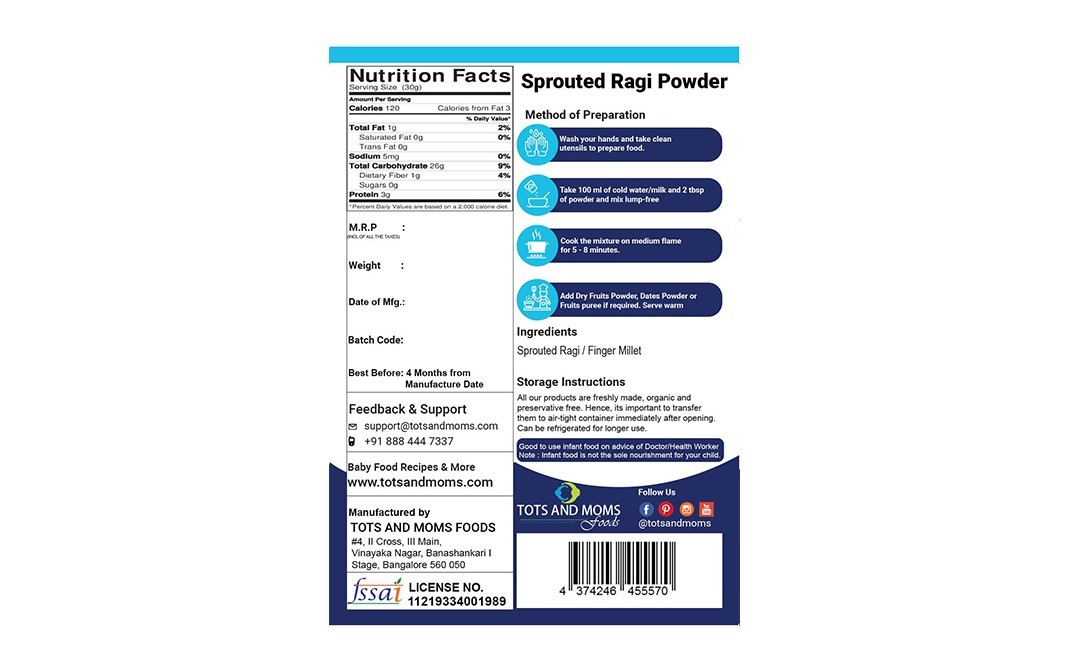 Tots And Moms Foods Sprouted Ragi Powder    Pack  200 grams